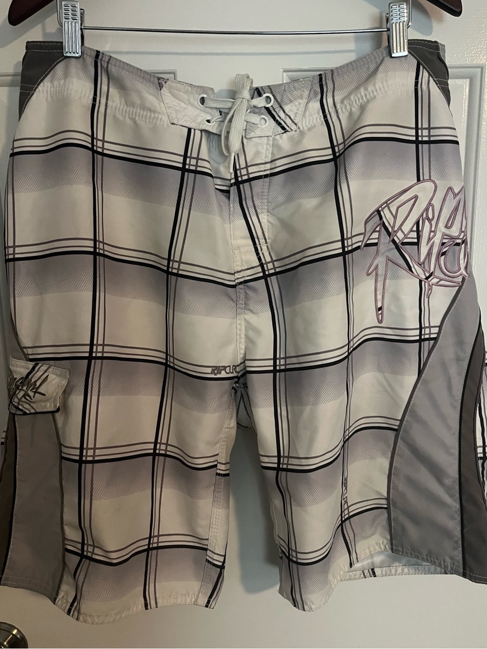 Rip Curl White, Black & Gray Plaid Swim Shorts Size 36